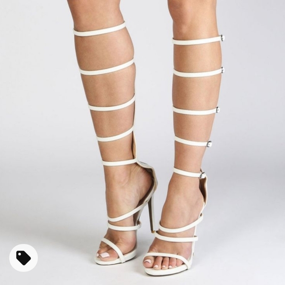 PUBLIC DESIRE Sabina Knee Strappy White Heel 7 - Picture 1 of 10